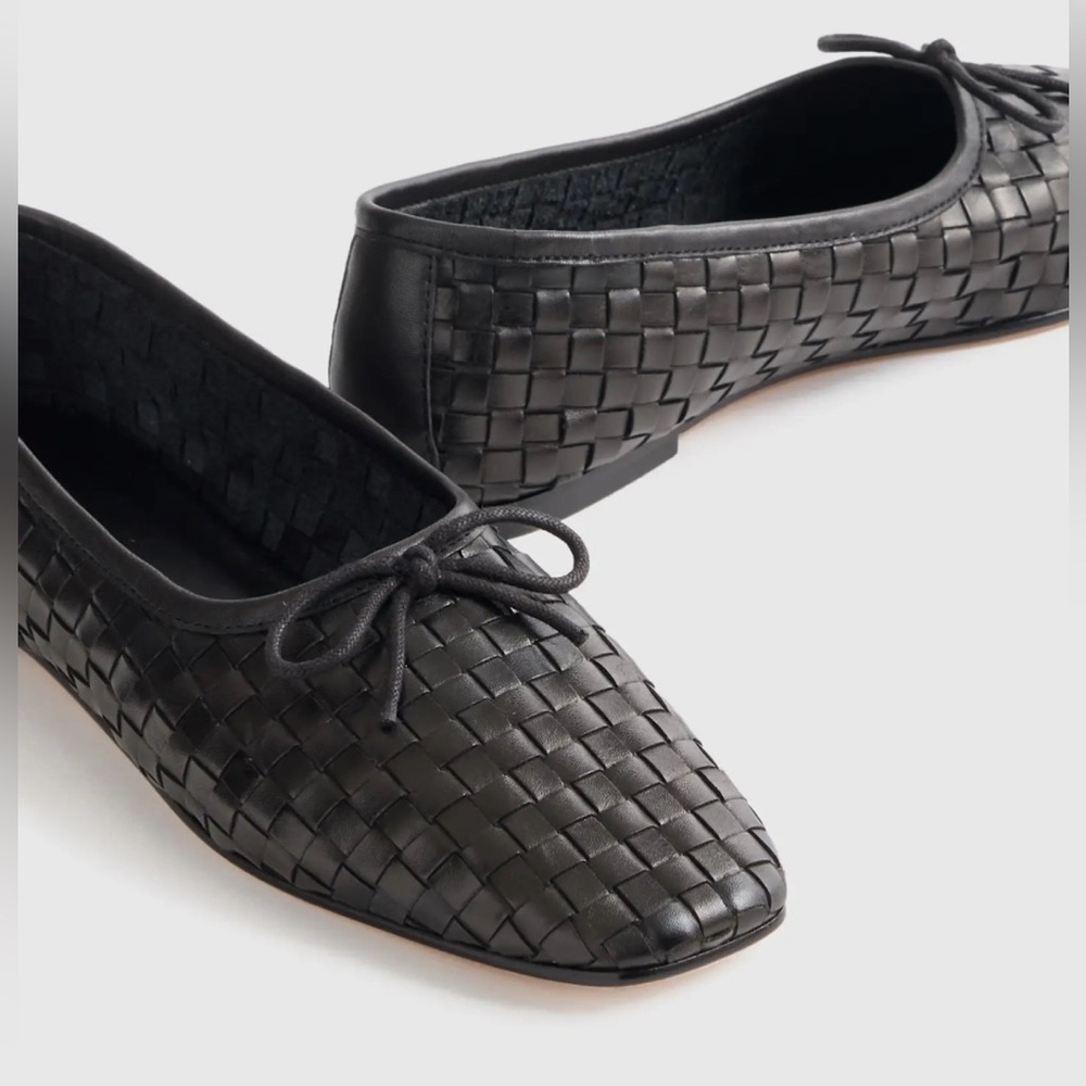 Quince Italian Leather Black Handwoven Square Toe Ballet Flat - size 8